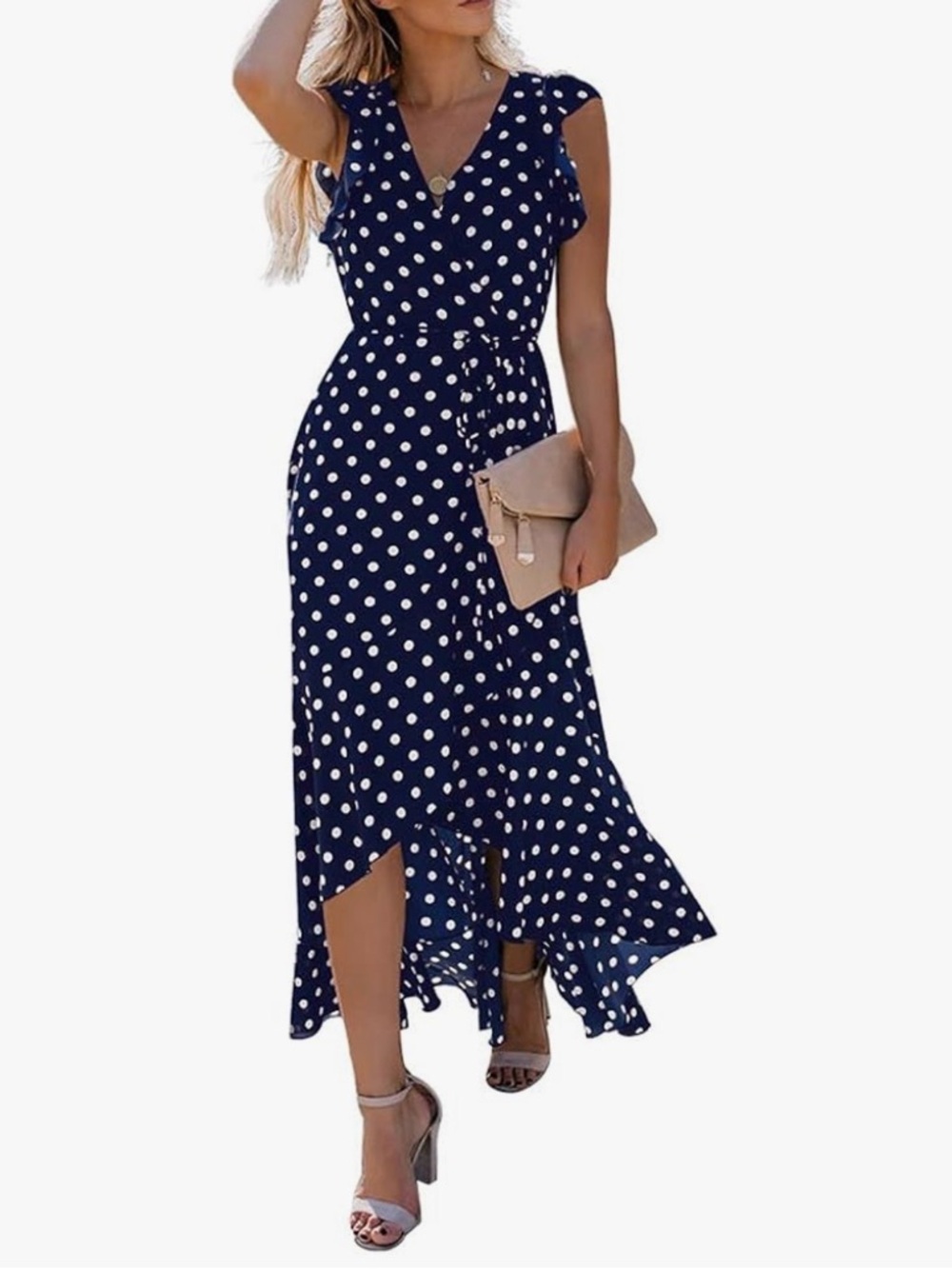 Navy Polka Dot Wrap Maxi Dress